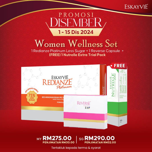 (PROMO) Women Wellness Set -  1x Redianze Platinum Less Sugar + 1x Reverse Capsule + Free 1x Nutrelle Extra Trial Pack